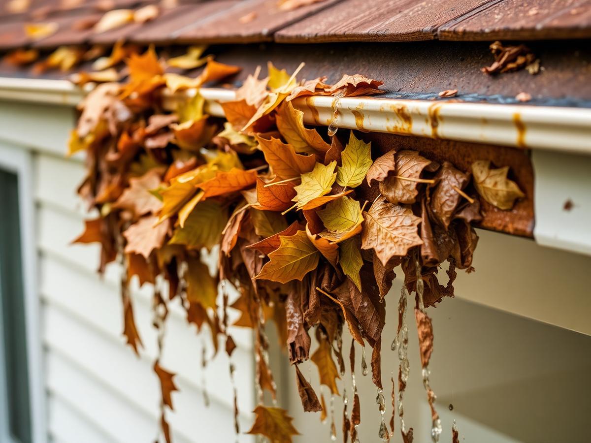 Clogged residential gutter overflowing with leaves